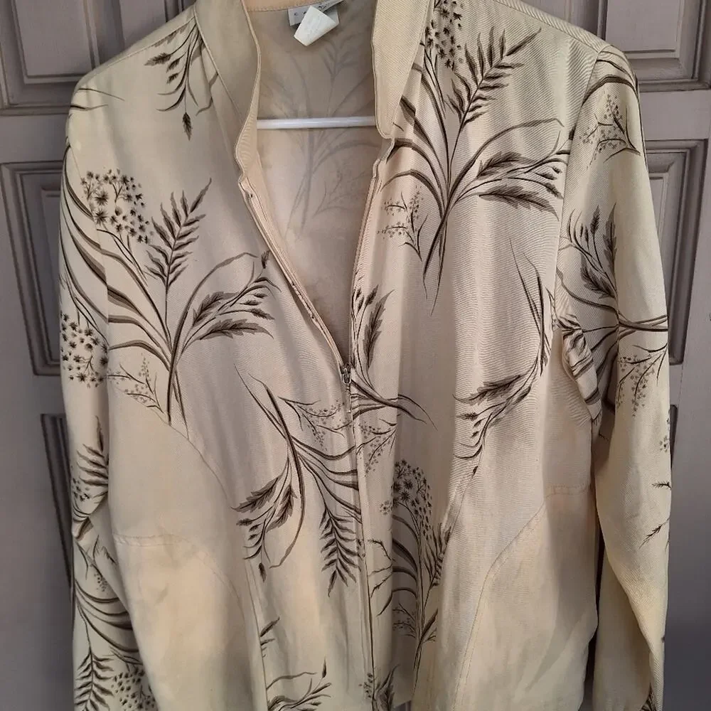 Classic Caribe Floral Beige Women's Jacket SzM Zip Front Pockets Rayon Blend
